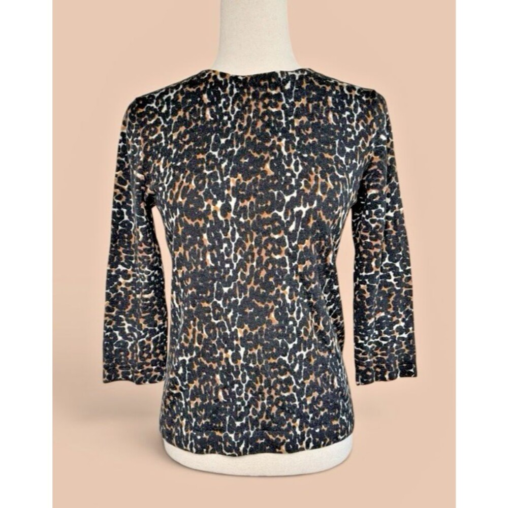 Talbots womens 3/4 sleeve leopard print 100% Pure Merino Wool sweater Medium